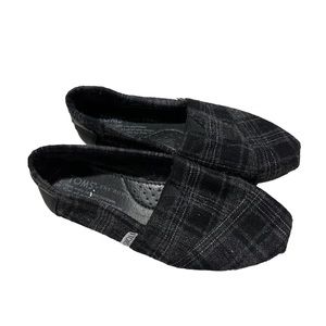 Toms + The Row wool slip ons 5 black grey plaid sneakers comfort neutral casual